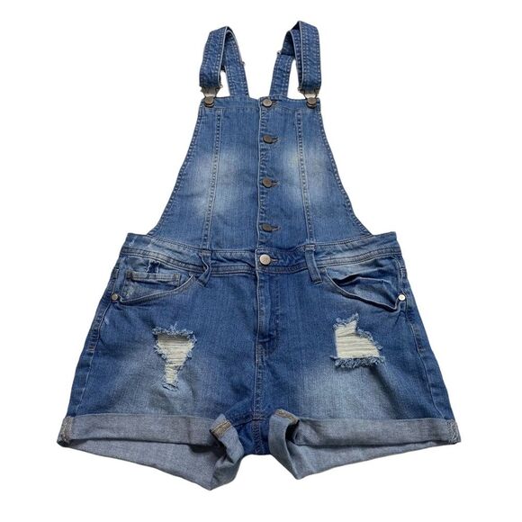 Tinseltown Distressed Button Front Zip Closure Blue Denim Shortalls Overalls XL - Picture 1 of 9
